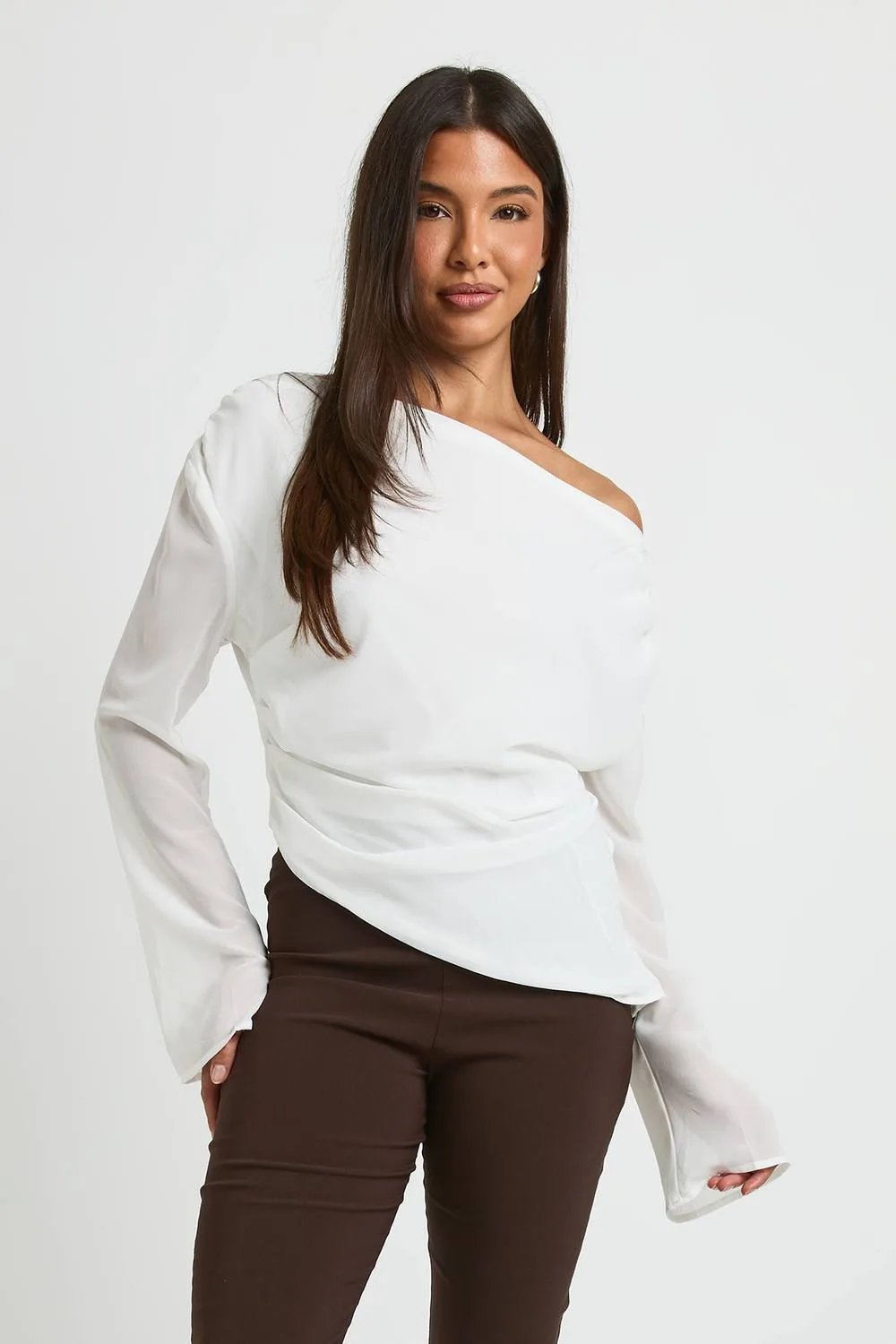 Slash Neck Ruched Long Sleeve Top by boohoo