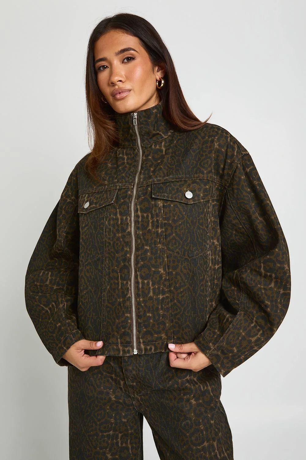 Funnel Neck Leopard Print Denim Jacket by boohoo