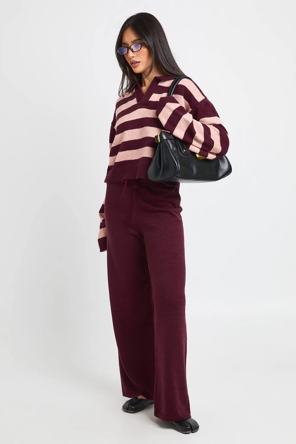 Stripe Knit Collared Jumper & Wide Leg Trouser Co-Ord by boohoo