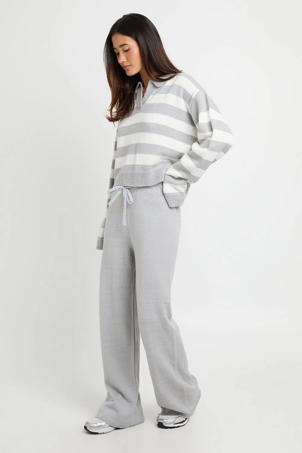 Stripe Knit Collared Jumper & Wide Leg Trouser Co-Ord by boohoo