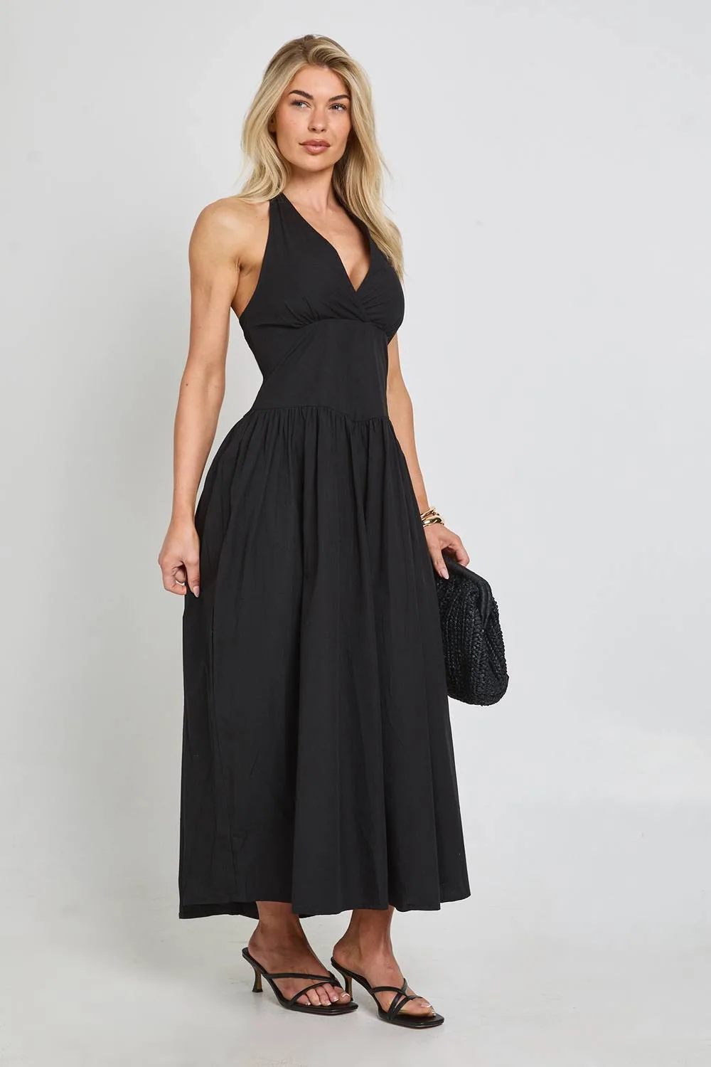 Cotton Poplin Halter Neck Pleated Midi Dress by boohoo