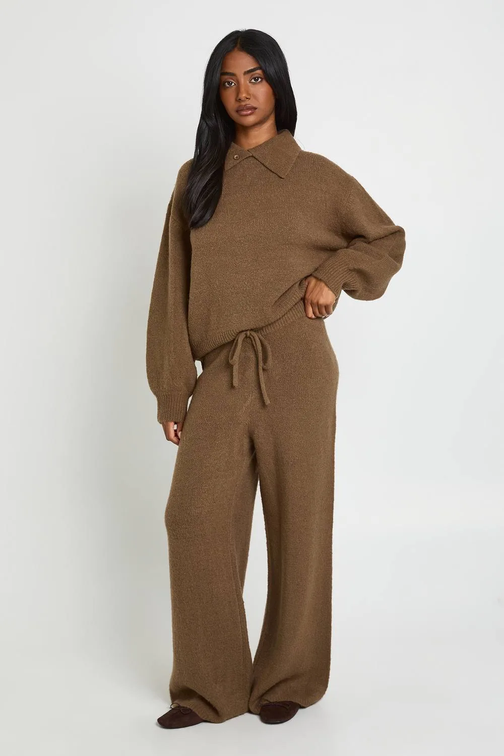 Super Soft Crew Neck Knitted Chunky Cardigan & Wide Leg Trouser Co-Ord by boohoo