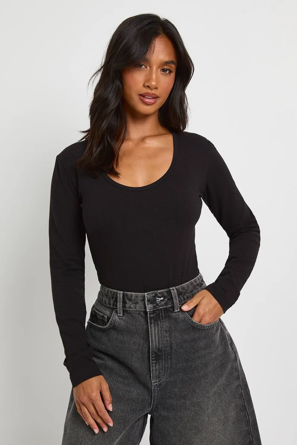 Basic Long Sleeve Scoop Neck Bodysuit by boohoo