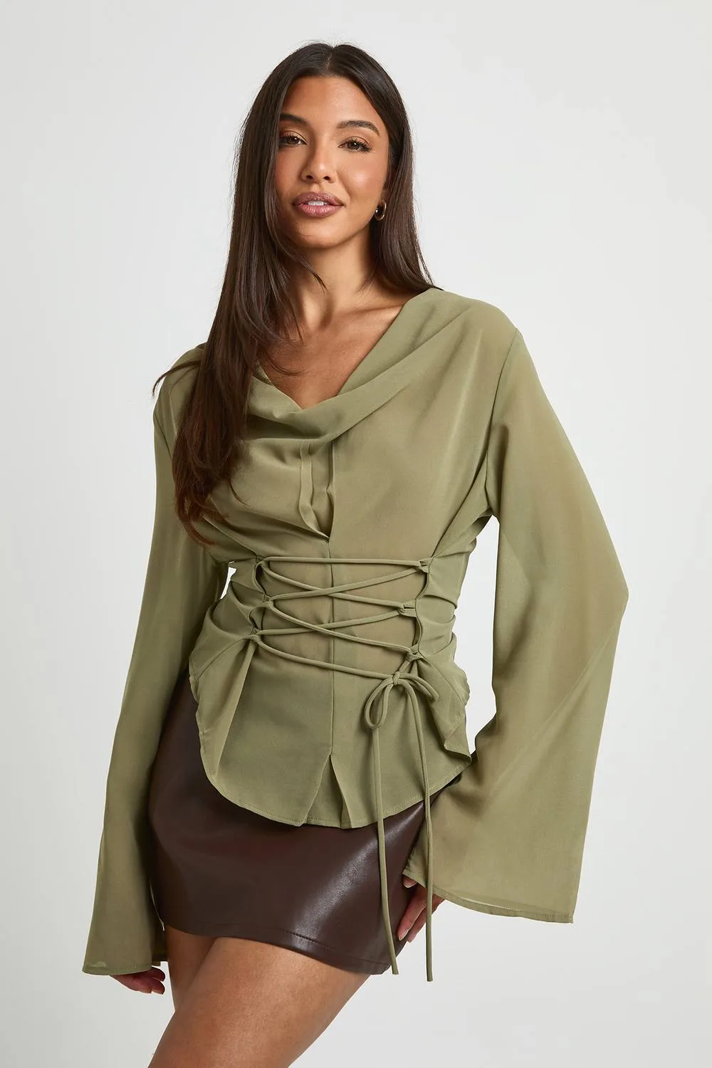 Chiffon Cowl Cinch Waist Detail Top by boohoo