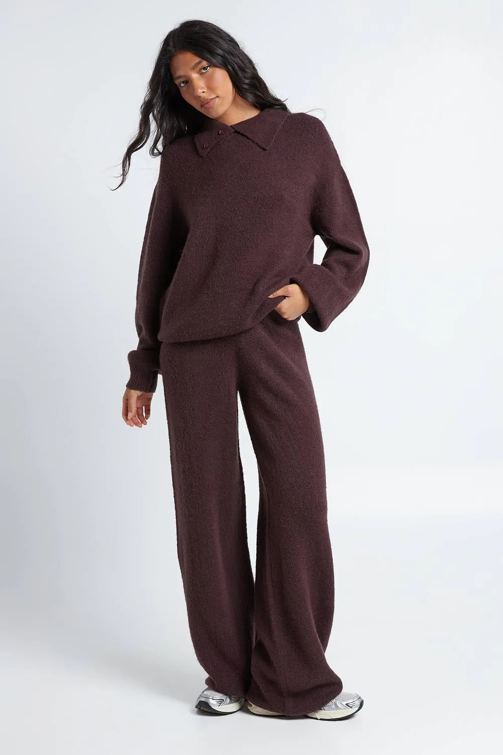 Chunky Knit Collar Detail Oversized Knitted Jumper & Wide Leg Trouser Co-Ord by boohoo