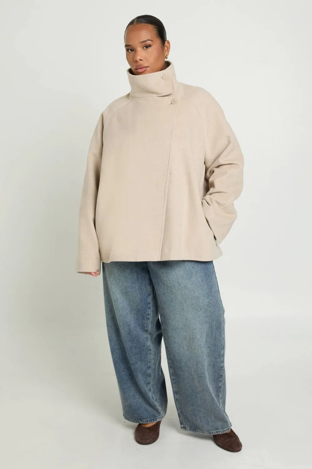 Funnel Neck Wool Look Jacket - Stone by boohoo