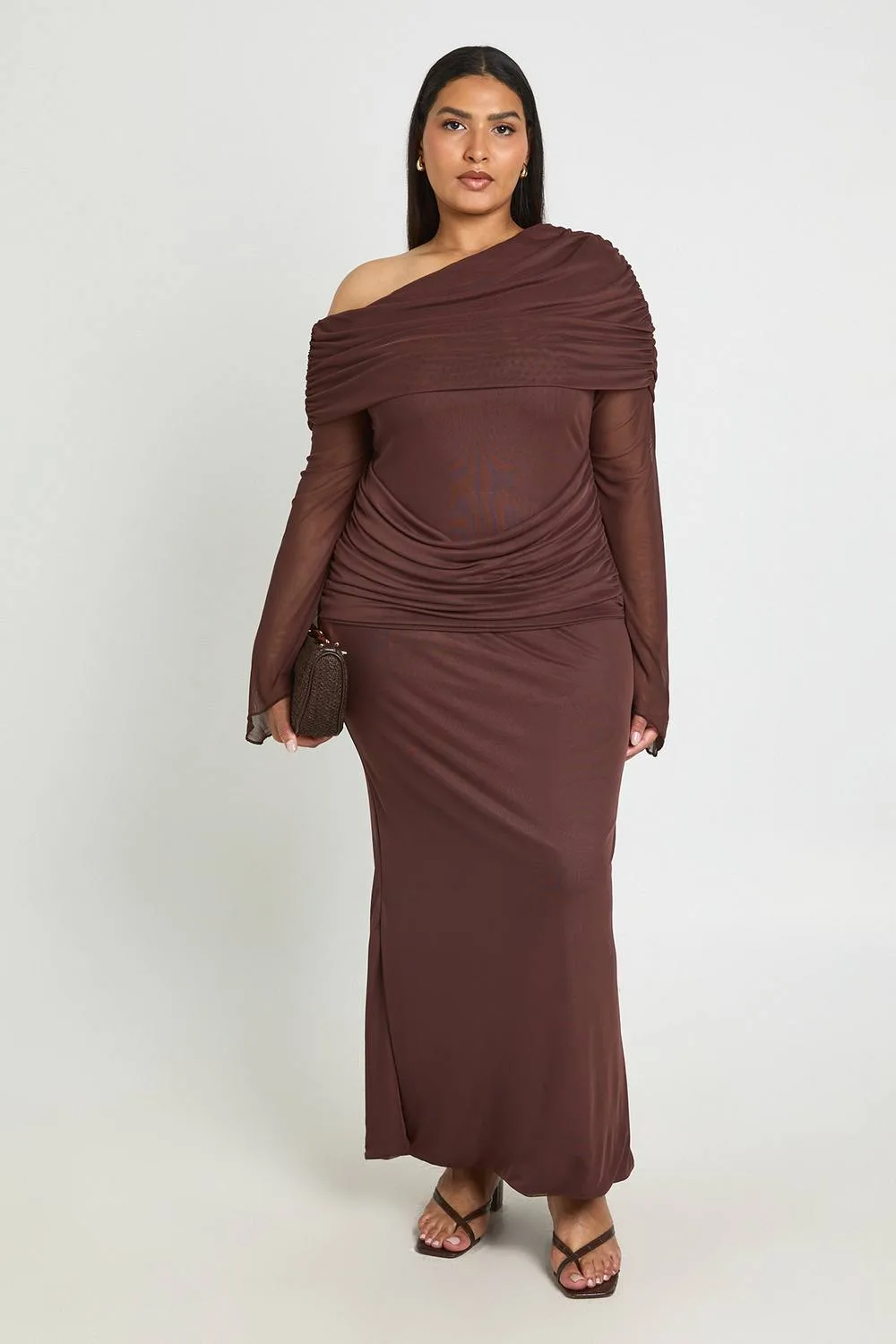 Mesh Bardot Drape Detail Maxi Dress by boohoo