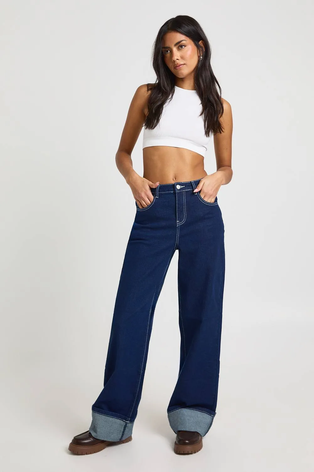 Turn Up High Waist Wide Leg Jean by boohoo