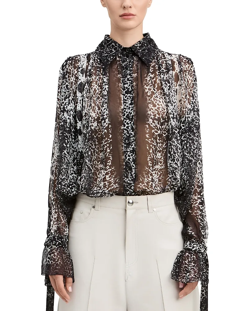 Walker Abstract Animal Print Georgette Ruched Button Front Blouse by Derek Lam