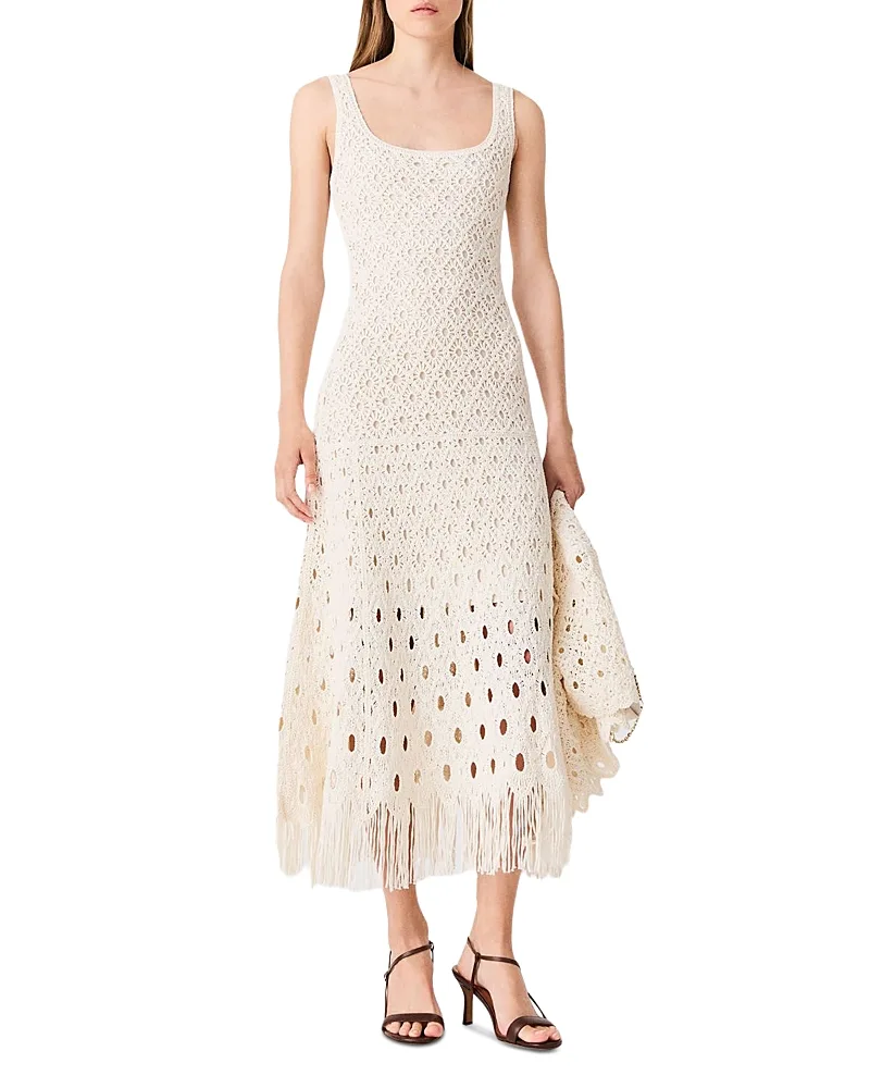 Rovale Fringed Crochet Maxi Dress by Maje