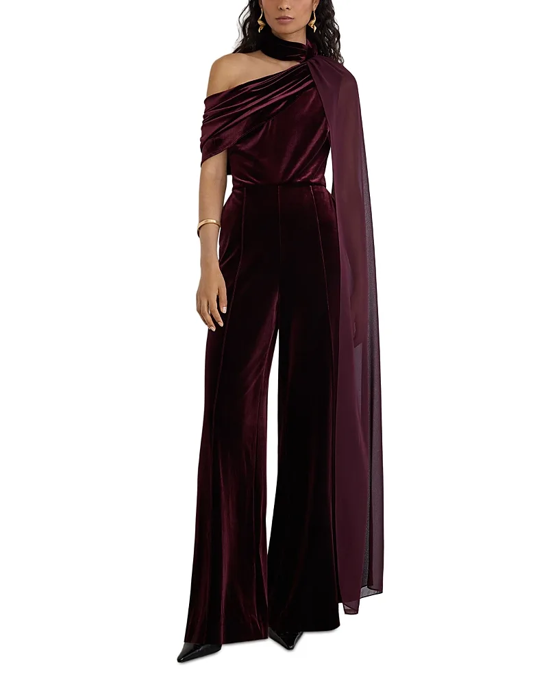 Carrie Stretch Velvet One Shoulder Jumpsuit by Reiss