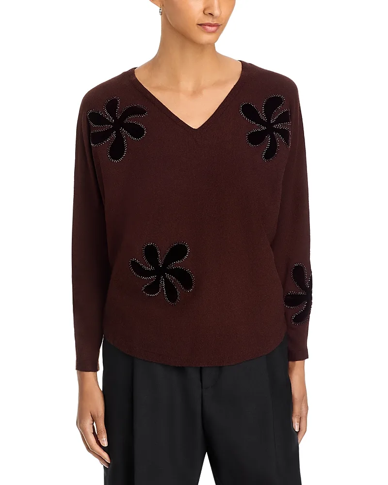 Flower Embellished V Neck Sweater by Sioni