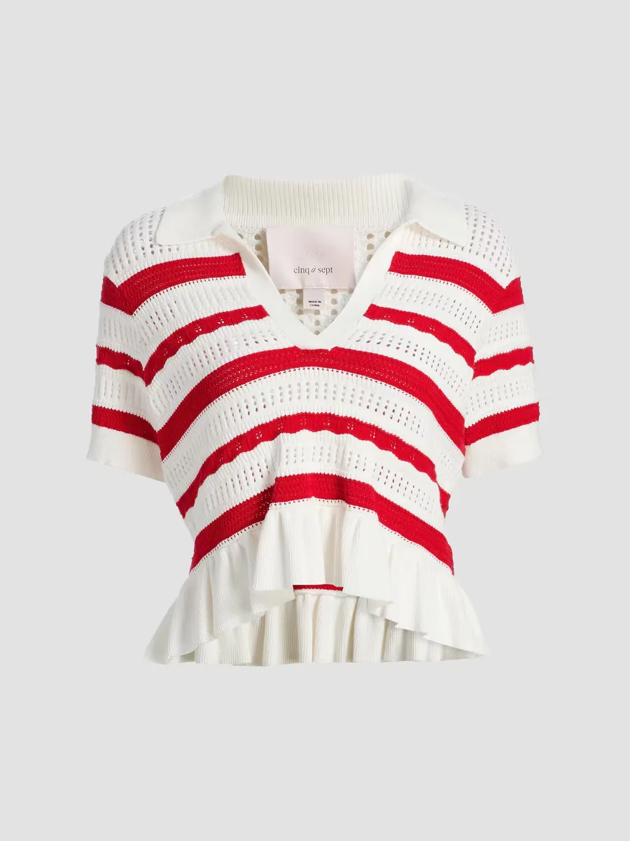 Elvire Striped Pointelle Polo Sweater by Cinq  Sept