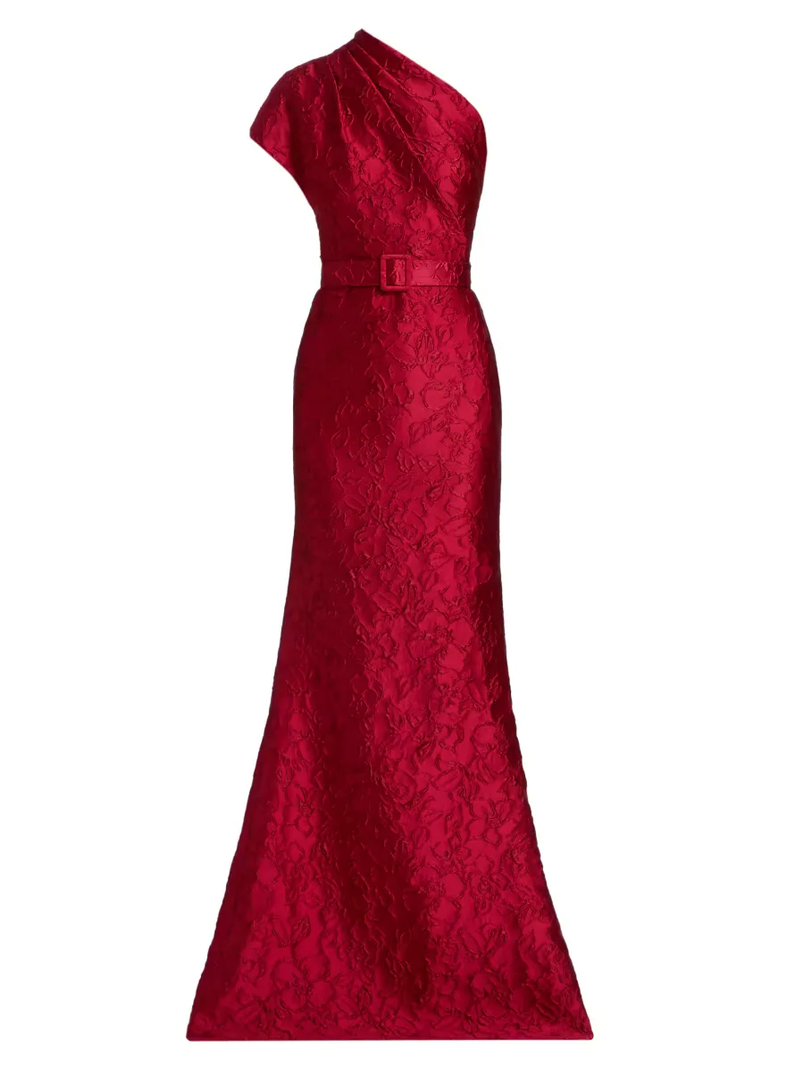 Floral Jacquard One-Shoulder Belted Gown by Badgley Mischka