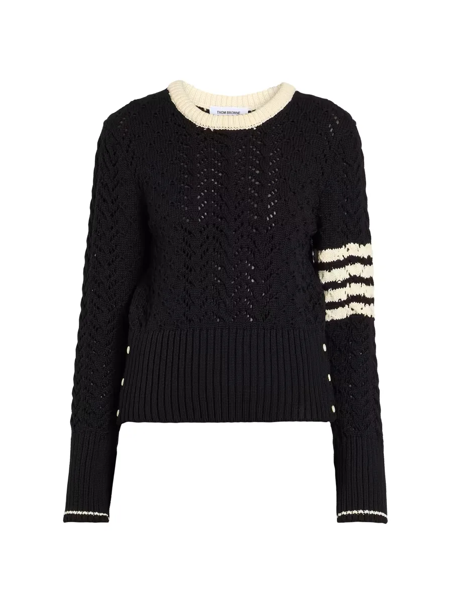 Cable-Pointelle Knit Striped Sweater by Thom Browne