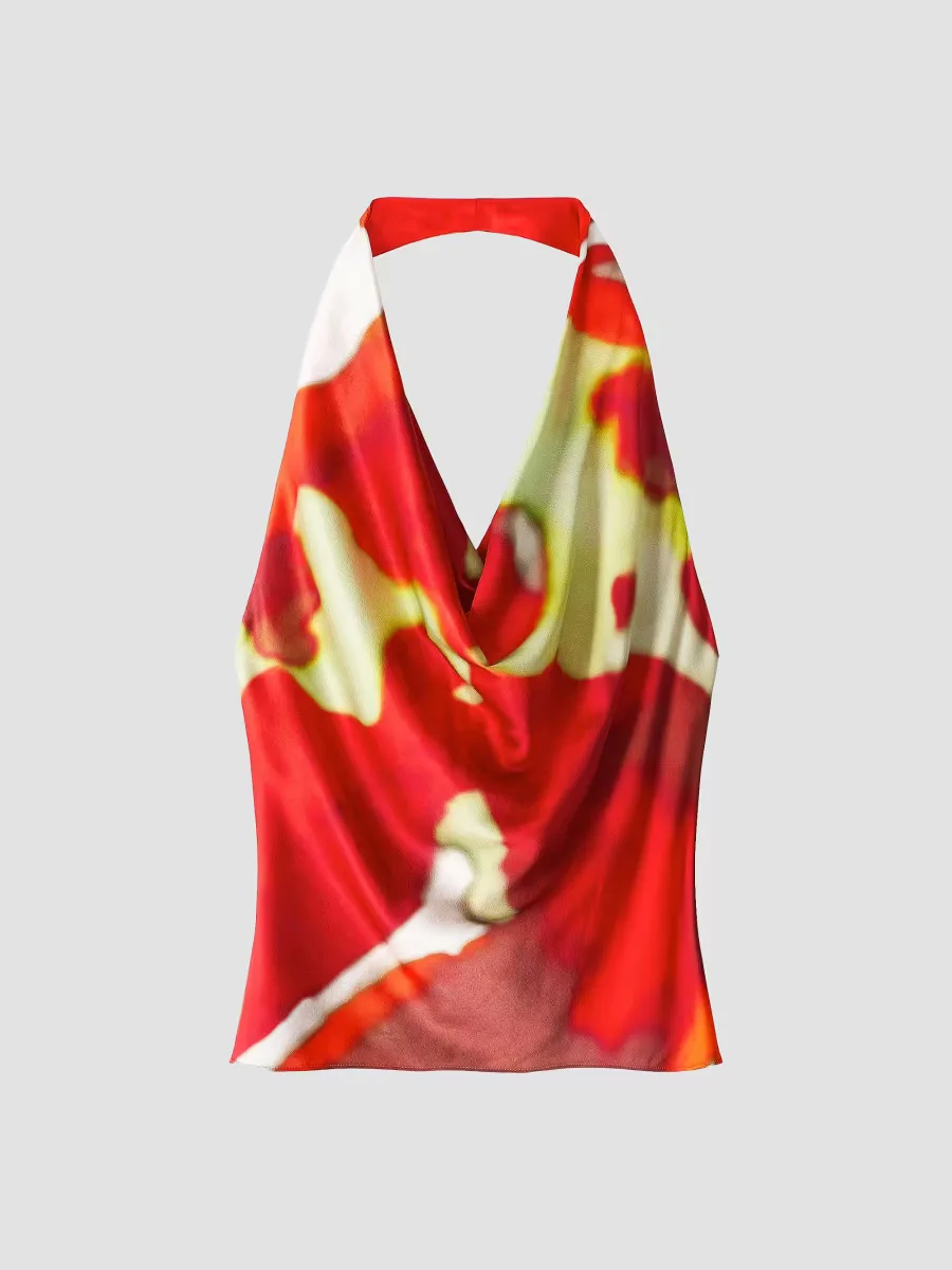 Liora Printed Silk Cowlneck Halter Top by STAUD