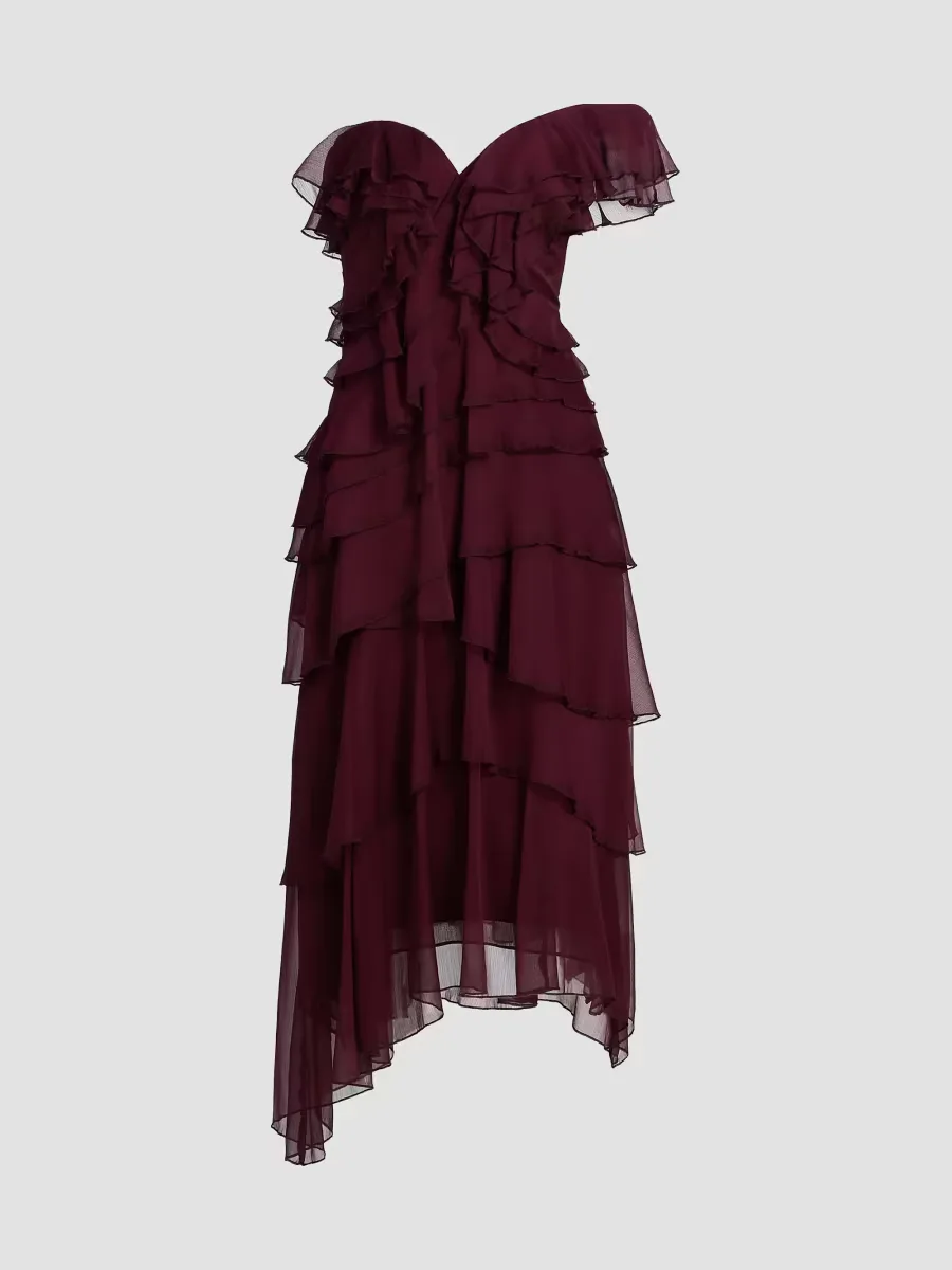 Emaline Chiffon Cascade Off-The-Shoulder Midi-Dress by Amur