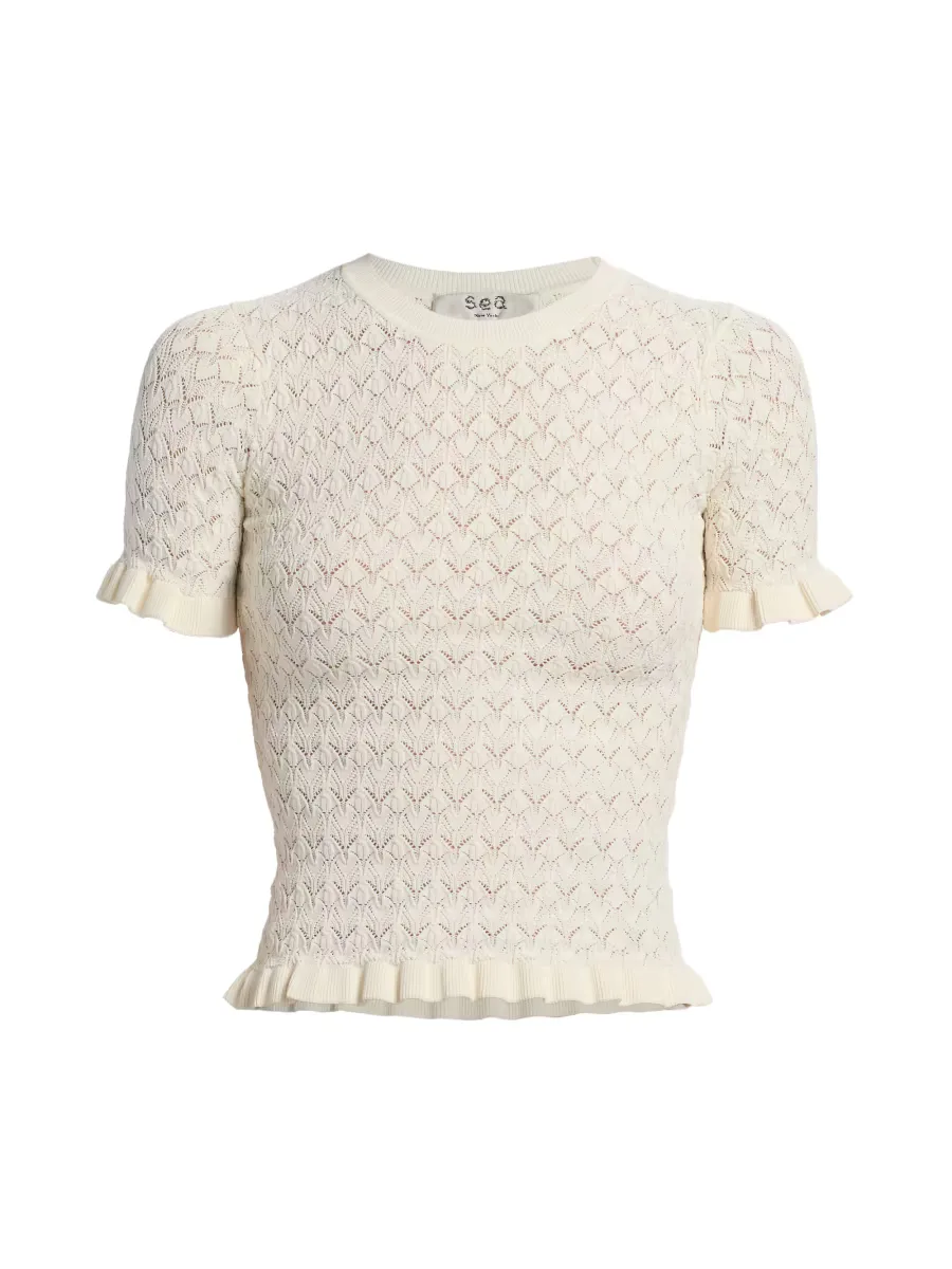 Rue Fine Gauge Pointelle Knit Short-Sleeve Sweater by Sea