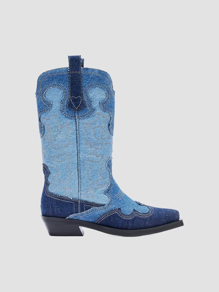 Embroidered Mid-Shaft Denim Boots by GANNI