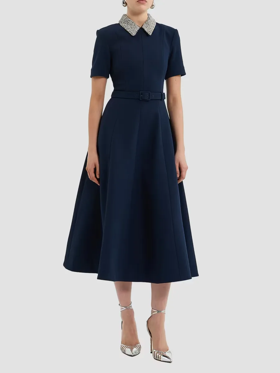 Xena Embellished Stretch-Crepe Belted Midi-Dress