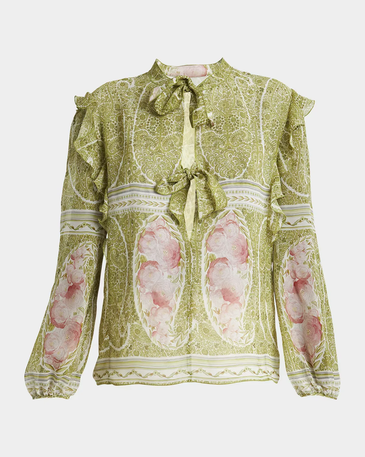 Paisley-Print Ruffle Long-Sleeve Silk Blouse by Giambattista Valli