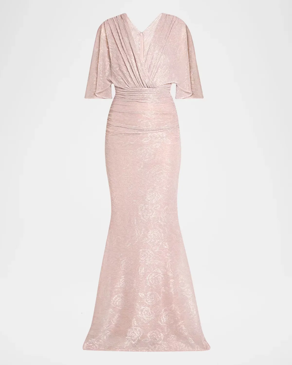 Floral Metallic Draped V-Neck Gown