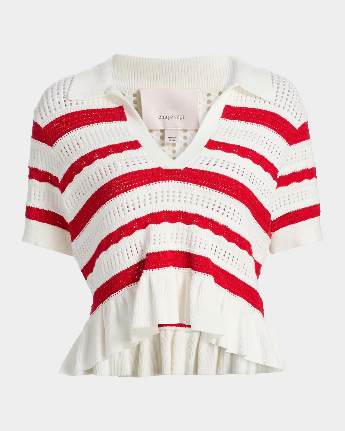 Elvire Striped Pointelle-Knit Polo Sweater by Cinq  Sept