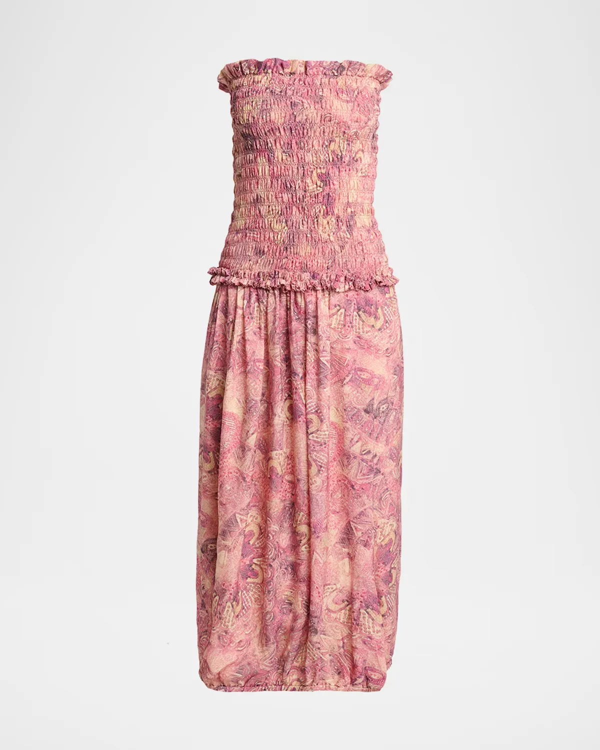 Cleane Strapless Smocked Silk Bubble Midi Dress