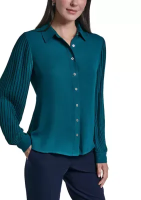 Long Sleeve Pleated Button Front Top by Tommy Hilfiger