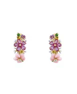 14K Yellow Gold Diamond, Multicolor Sapphire, and Pink Mother of Pearl Flower Enamel Earring by Lali Jewels
