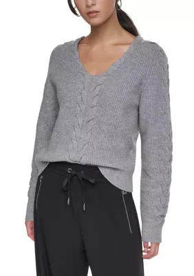 Long Sleeve V-Neck Placed Cable Knit Sweater by DKNY