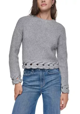 Long Sleeve Braid Hem Crew Neck Sweater