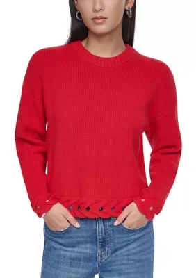 Long Sleeve Braid Hem Crew Neck Sweater