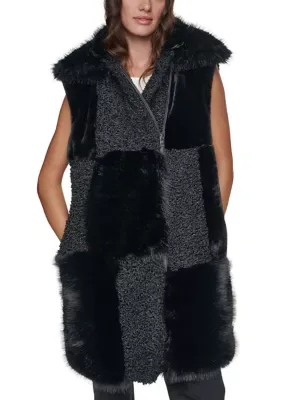 Long Patch Faux Fur Vest by DKNY