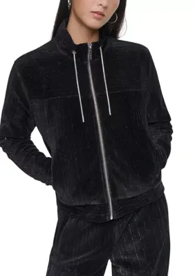 Zip-Front Glitter Velvet Athletic Jacket by DKNY