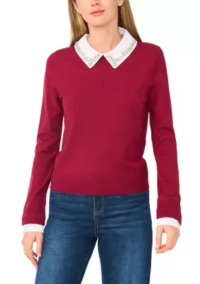 Long Sleeve Jewel Collar Twofer Sweater by CeCe