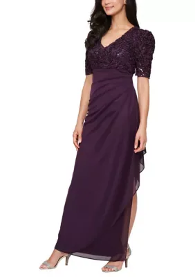 Long Rosette Empire Waist Dress with Mesh Skirt by Alex Evenings