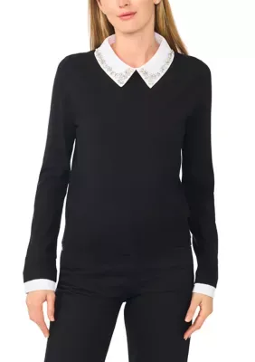 Long Sleeve Jewel Collar Twofer Sweater