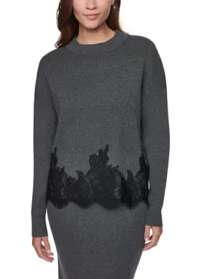 Long Sleeve Lace Hem Crew Neck Sweater