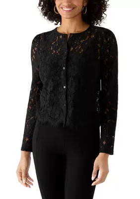 Long Sleeve Button Front Lace Cardigan by Ultra Pink