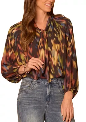 Abstract Print Split Neck Blouse by Democracy