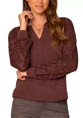 Mandarin Collar Mixed Media Knit Top by Democracy