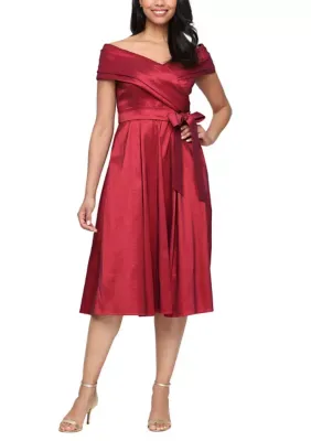 Taffeta Off the Shoulder Tie Waist Dress by Alex Evenings