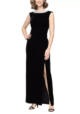 Sleeveless Velvet Dress with Embellished Neckline by Alex Evenings