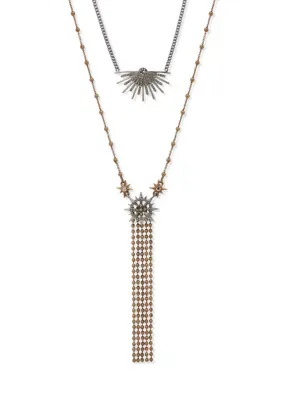 Two Tone Crystal Starburst Lariat Necklace, 22 In