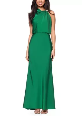 Sleeveless Round Neck Hardware Shoulder Drape Satin Slim Gown by Betsy & Adam