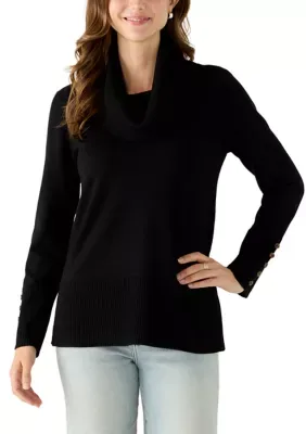 High Cuff Button Cowl Neck Sweater by Cupio