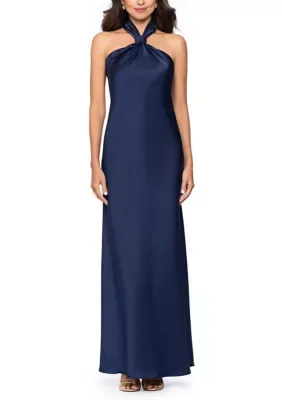 Knot Halter Satin Column Gown by Betsy & Adam