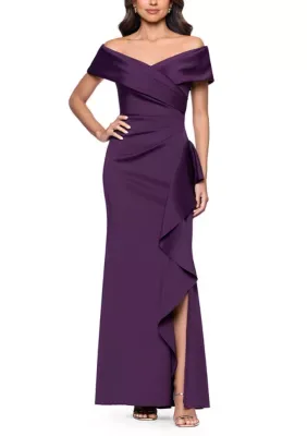 Long Techno Scuba Off the Shoulder Side Ruffle Dress by Xscape