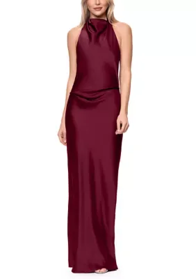 Sleeveless Halter Satin Gown with Bow Tie Back